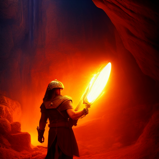 Flynn holds the ancient, glowing artifact above his head with a look of triumph on his face, the cave's treasures laid out before him.